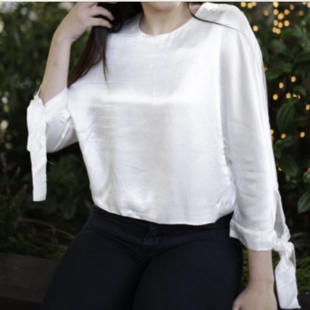 Shiny 3/4 Length Blouse with Tie Sleeves